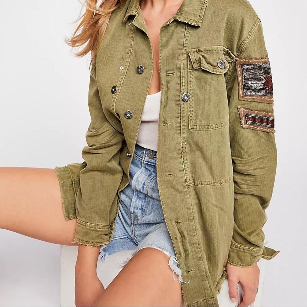 Free People embellished military jacket size SMALL distressed beaded shacket - Picture 2 of 12